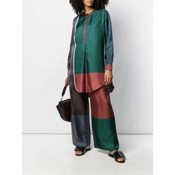 DUŠAN Italian 100% Silk Patchwork Flared Trousers In Blue Retails $832 - Picture 1 of 14